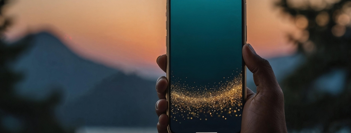 Une main tient un téléphone intelligent devant un coucher de soleil près d'un lac. Il y a des éléments qui scintillent sur le téléphone.