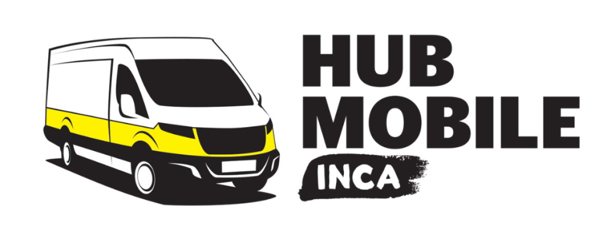 Logo du Hub mobile d'INCA. Icône d'une fourgonnette aux couleurs d’INCA. Texte : Hub mobile d'INCA.
