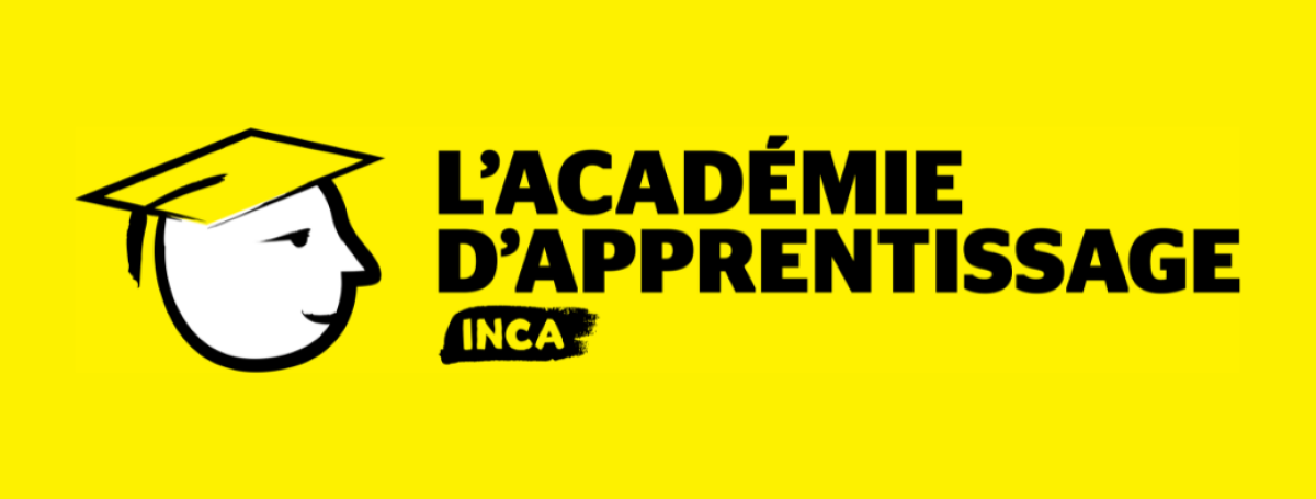 Logo de l'Académie d'apprentissage d'INCA. Image graphique représentant un visage souriant/une icône portant une toque de diplômé avec des accents blancs. Texte : Académie d'apprentissage d'INCA