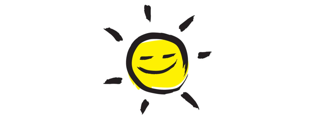 Image d'une icône de soleil souriant dans un dessin noir au pinceau avec des accents jaunes.