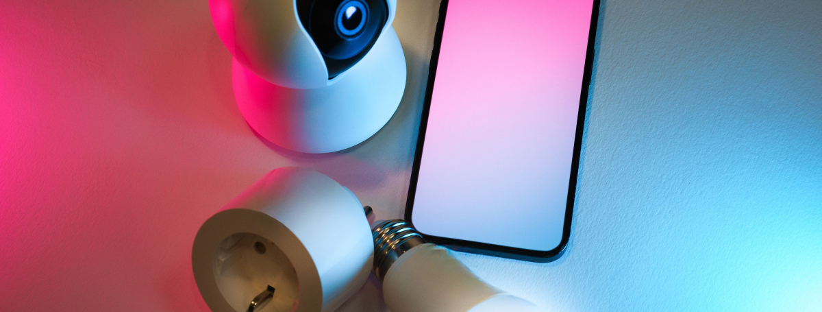 Un téléphone intelligent, une prise intelligente, une lampe connectée et une caméra connectée.
