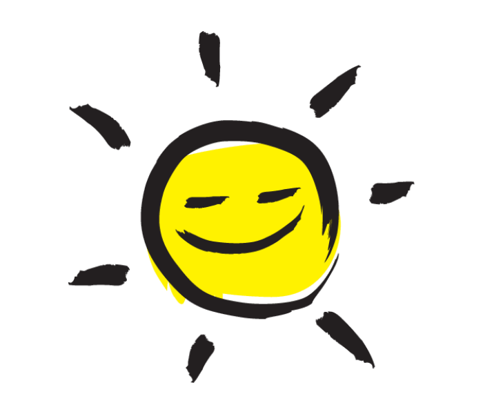 Une image de soleil souriant entourée d'un contour noir de style pinceau.