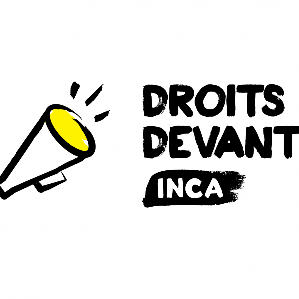 Logo de Droits Devant ! d'INCA avec l'icône d'un porte-voix.