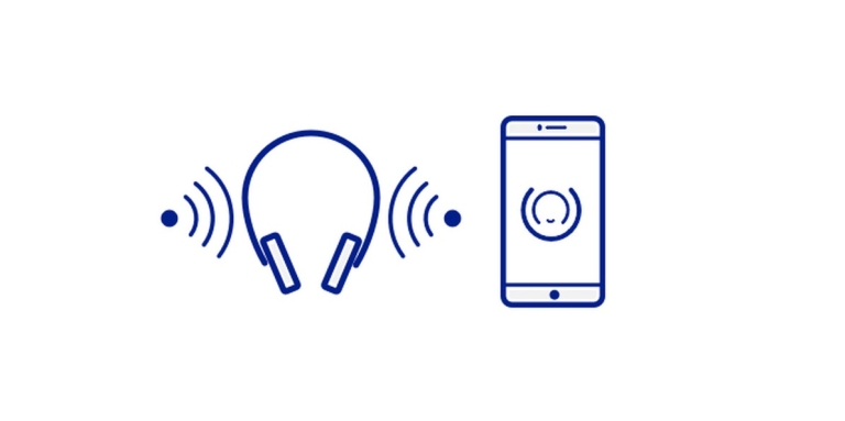 Illustration d'un casque d'écoute avec des ondes sonores et d'un téléphone cellulaire à droite.