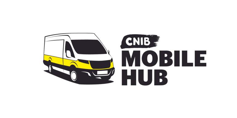 CNIB Mobile Hub logo. A graphic art illustration of a white cargo van outlined with yellow and black accents. Text: CNIB Mobile Hub.