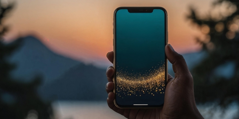 Une main tient un téléphone intelligent devant un coucher de soleil près d'un lac. Il y a des éléments qui scintillent sur le téléphone.