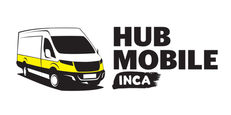 Logo du Hub mobile d'INCA. Icône d'une fourgonnette aux couleurs d’INCA. Texte : Hub mobile d'INCA.