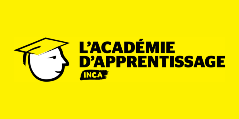 Logo de l'Académie d'apprentissage d'INCA. Image graphique représentant un visage souriant/une icône portant une toque de diplômé avec des accents blancs. Texte : Académie d'apprentissage d'INCA