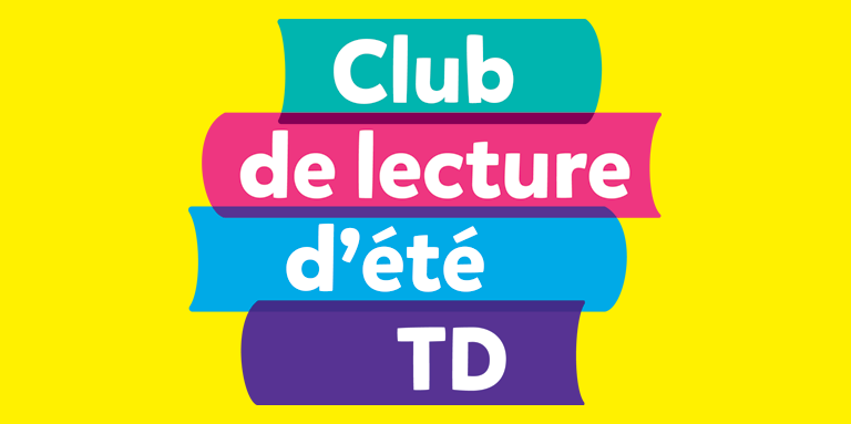 Le logo du Club de lecture d'été TD. Le graphisme ressemble à une pile de livres multicolores. Texte : Club de lecture d'été TD