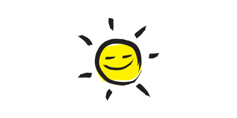Image représentant une icône représentant un soleil souriant, dessinée en noir au pinceau avec des accents jaunes.