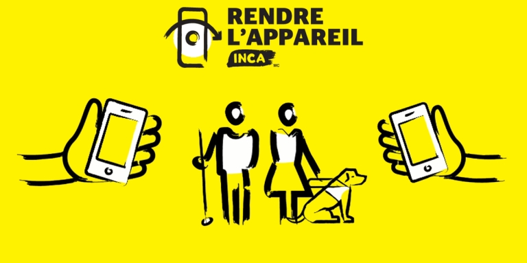 Graphique montrant le logo Rendre l'appareil, des mains tenant des téléphones intelligents, un homme avec une canne blanche et une femme avec un chine-guide.  