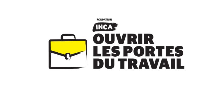Un dessin de bande dessinée d'une mallette avec une bordure noire épaisse. "INCA Ouvrir Les Portes du Travail"  