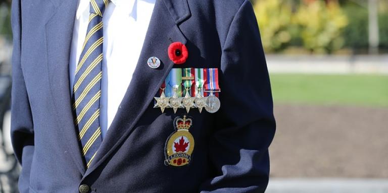 Personnel militaire. Une veste marine avec des épingles militaires, des insignes et un coquelicot sur le revers.