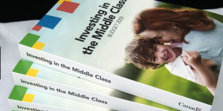 Des exemplaires du livret du budget 2019 sont empilés sur une table.