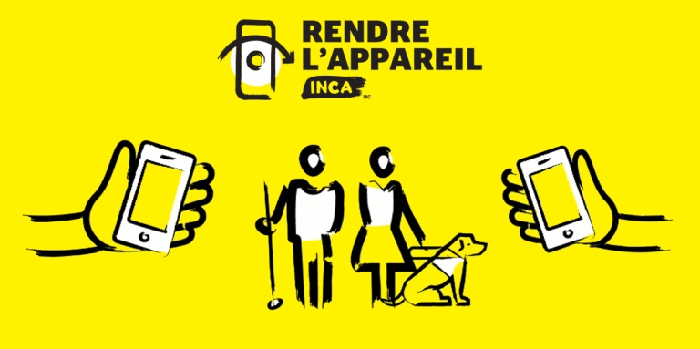 Illustration of two stick figures walking, one with a white cane and one with a guide dog, framed by two smartphones being held in two hands, and the CNIB Phone It Forward logo at the top. 