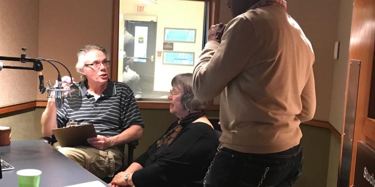 Photo of author K.D. Miller being interviewed by CNIB : Read podcast host, James Denas.