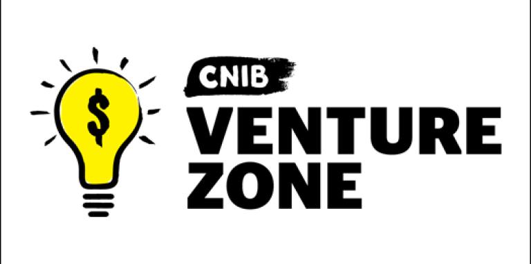 Illustration du logo du jeu Venture Zone, qui montre une ampoule jaune vif sur laquelle se trouve un signe de dollar et flanquée des mots « CNIB Venture Zone ».