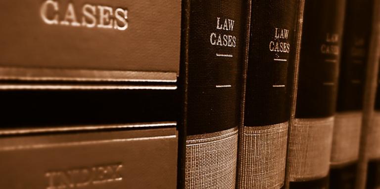 Une pile de 5 vieux livres fanés portant l'inscription "Law Cases" sur les épines du livre.