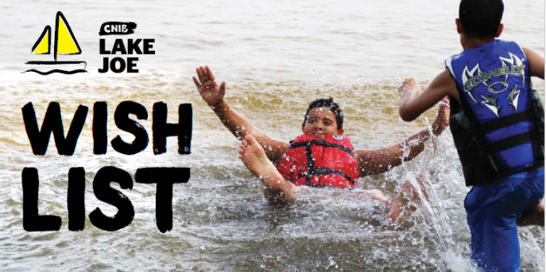 Deux jeunes garçons courent et éclaboussent dans un lac. Ils portent des gilets de sauvetage. Texte: INCA Lake Joe Wish List.