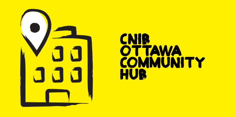 Illustration d'un bâtiment extérieur décrit dans un style de peinture épaisse, noire. Texte "Centre communautaire d’INCA d’Ottawa."