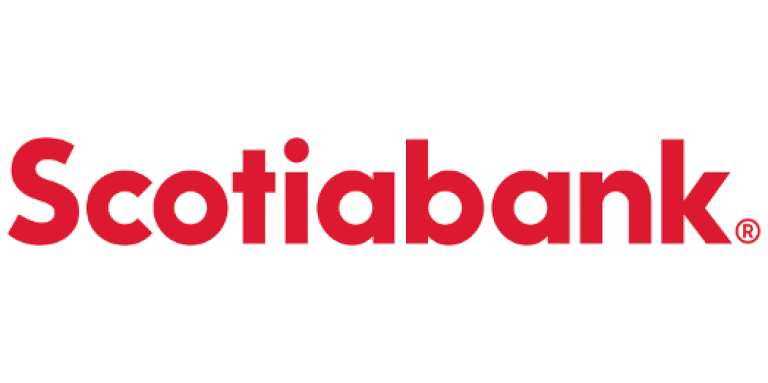 Logo de la Banque Scotia. Texte lumineux et rouge sur fond blanc. "Banque Scotia."