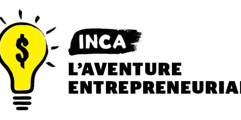Logo de l'appli: une ampoule  jaune avec une signe de dollar à l'intérieur, écrit à droit INCA L'Aventure entrepreneuriale