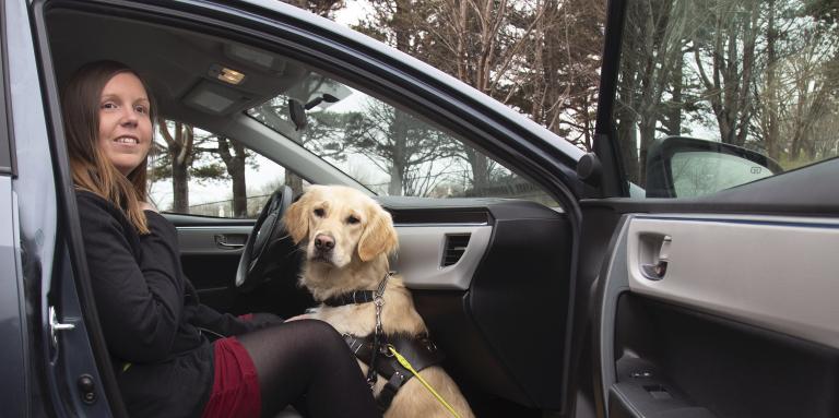 Une femme assise sur le siège passager avant d'un taxi et son chien-guide, un golden retriever, est assis à ses pieds entre ses jambes.