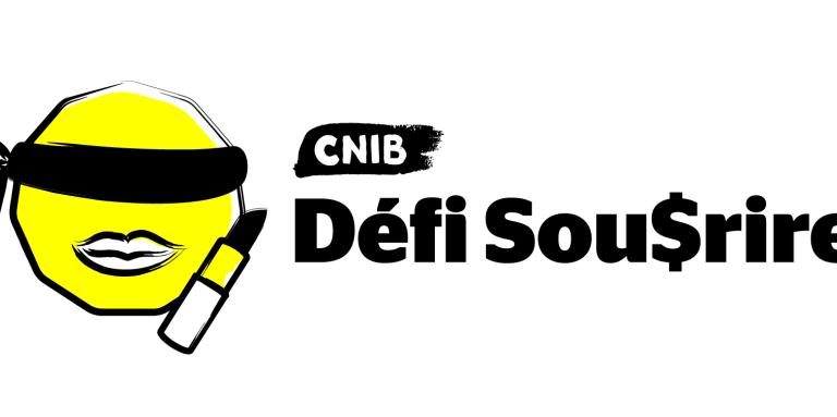 A yellow face in the shape of a loonie with a blind fold on and lipstick tube beside it. The CNIB logo to the right with the words "Loonies4Lips" underneath
