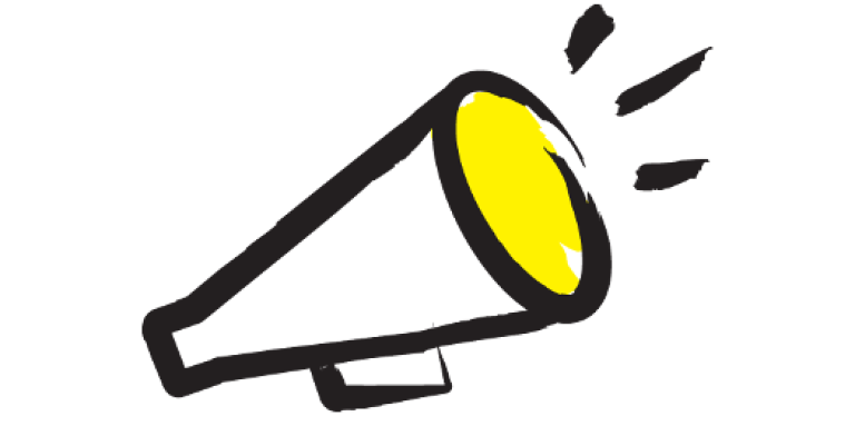 Illustration d'un mégaphone dessiné au pinceau noir avec des accents jaunes.