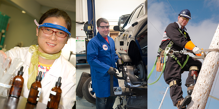Un collage de trois images de personnes effectuant diverses tâches en portant des lunettes de protection appropriées. De gauche à droite, une femme travaillant dans un laboratoire de sciences médicales, un homme travaillant dans le secteur automobile et un technicien de lignes électriques.