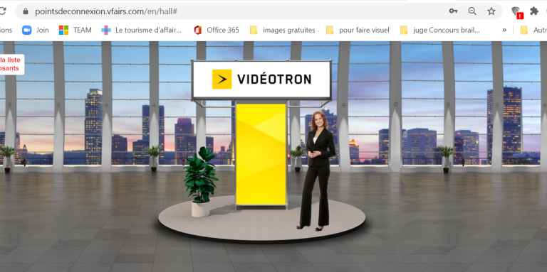 L'avatar d'une femme en face d'un kiosque virtuel ayant le logo de Vidéotron.