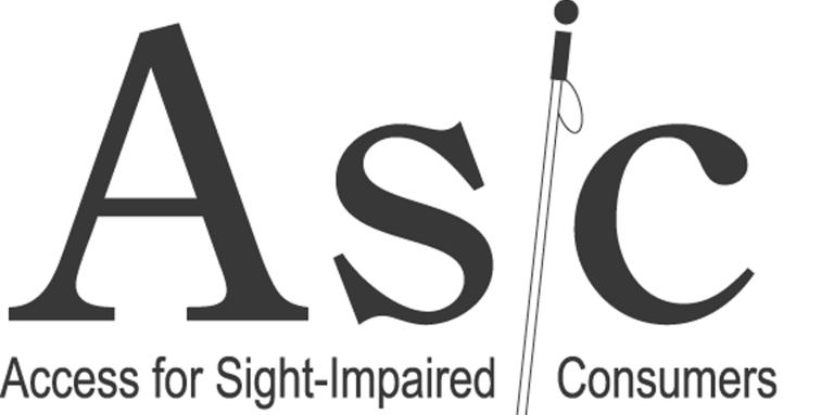 Logo d'ASIC (Access for Sight-Impaired Consumers), portant le nom de l'organisation et l'image d'une canne blanche. 