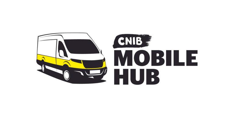 CNIB Mobile Hub logo. A graphic art illustration of a white cargo van outlined with yellow and black accents. Text: CNIB Mobile Hub.