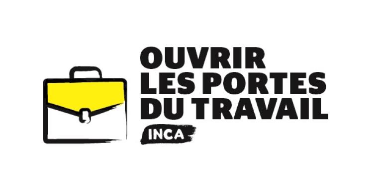 Logo du programme Ouvrir les portes du travail avec l'icone d'une mallette aux couleurs noir et jaune d'INCA