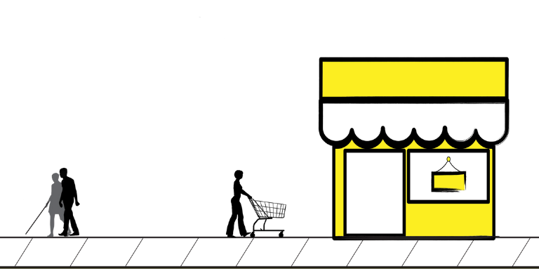 Une illustration de trois personnes marchant sur un trottoir en ville. L'une des icônes a une canne blanche et est accompagnée d'une personne qui sert de guide aux voyants. À droite d'elles se trouve l'icône d'une femme poussant un panier d'épicerie. La femme entre dans un commerce. 