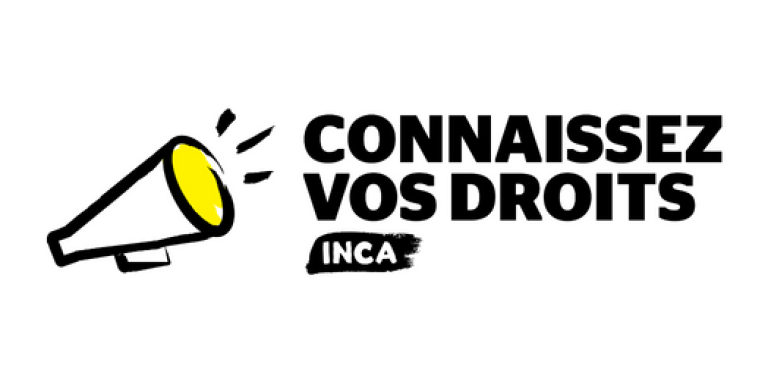 Logo « Connaissez vos droits ». Illustration d’un mégaphone dont le contour est tracé au pinceau noir. Un trait de couleur jaune apparaît sur la partie supérieure du mégaphone. Texte : « Connaissez vos droits » d’INCA.