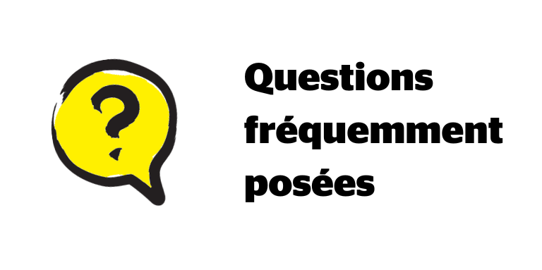 Bannière avec l'icône d'une bulle de dialogue aux couleurs jaune et noir d'INCA. À l'intérieur de la bulle se trouve l'icône d'un point d'interrogation. À droite de l'icône, le texte : FAQ