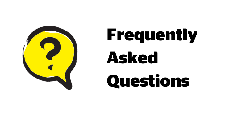 An illustration of a dialogue bubble outlined in a black paintbrush style design. Inside the bubble is a question mark icon. To the right of the icon is the text: Frequently Asked Questions.