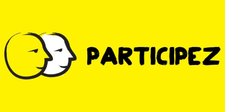 Une bannière jaune avec l'icône de deux visages dessinés à gros traits noirs. Texte : Participez.