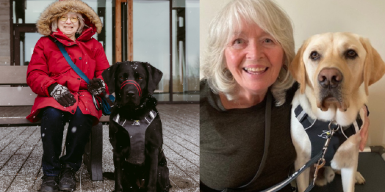 Collage de deux photographies représentant deux partenariats de fin d'études. A gauche : À l’extérieur, Cheri portant un blouson d’hiver rouge et des gants sourit, assise sur un banc, et son chien-guide, Sassy, une chienne noire munie d’un harnais est assis sur le sol à sa droite. Il neige légèrement. Droite : Maxine, et son nouveau chien-guide, Symba, un chien blond muni d’un harnais, posent ensemble pour une photo.