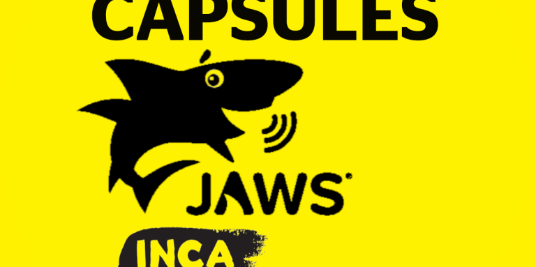 Cercle jaune avec le logo de Jaws pour former le texte Capsules Jaws et le logo d'INCA