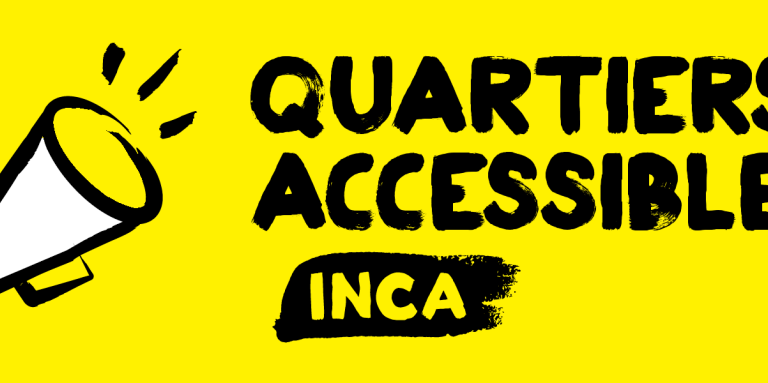 Icône d'un porte voix avec le texte: Quartiers Accessibles