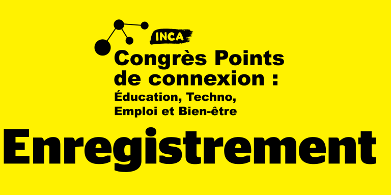 Logo du congrès Points de connexion avec des engrenage, des points reliés et le texte: éducation, techno, emploi et bien-etre, enregistrement