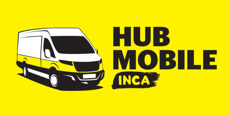 Logo du Hub mobile d'INCA. Icône d'une fourgonnette aux couleurs d’INCA. Texte : Hub mobile d'INCA.