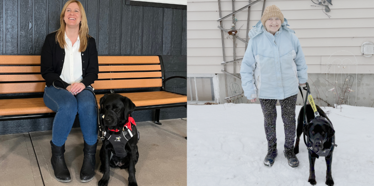 Un montage de deux photographies mettant en scène deux jumelages avec des chiens-guides en fin de formation. À gauche : Larissa est assise sur un banc tandis que son chien-guide noir, Tulip, est assis à ses pieds, muni de son harnais. À droite : Barb se tient debout dans un jardin enneigé, accompagnée de son chien-guide noir, Beacon, muni de son harnais, à ses côtés.