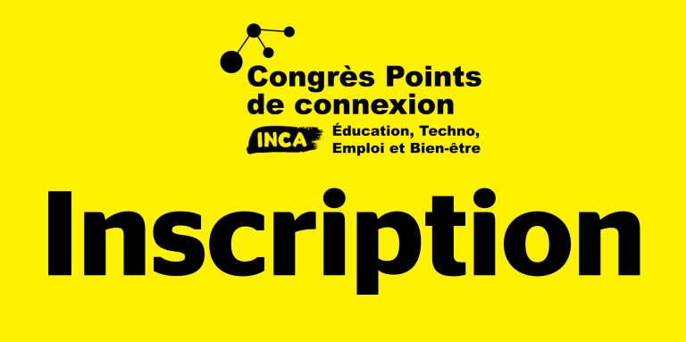 Logo du congrès Points de connexion avec des points reliés et le texte: éducation, techno, emploi et bien-etre par dessu le mot:  Inscription