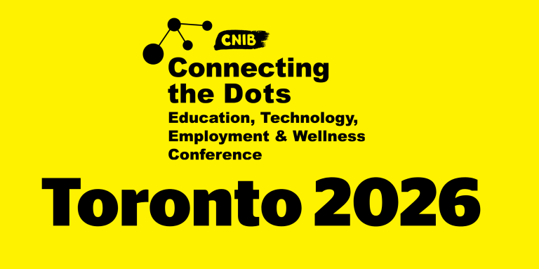 Logo anlophone du congrès avec le texte: "Connecting the dots Education, Technology, Employment and Wellness conference Toronto 2026" et des points intereliés, sur un fond jaune. 