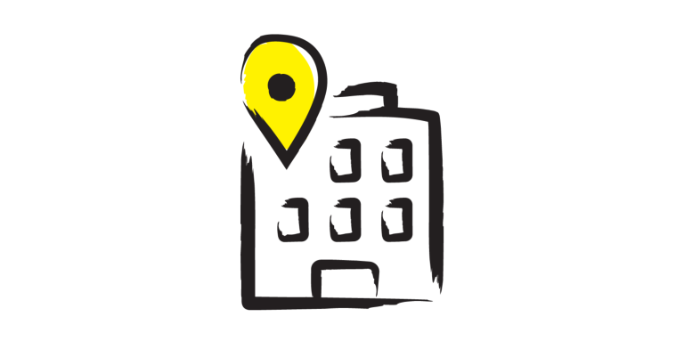 Une illustration d'un bâtiment sur laquelle figure un repère de localisation jaune dans le coin supérieur gauche du dessin.