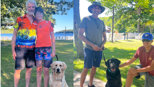 A collage of 2 photographs featuring 2 young participants, their parents, and their accompanying buddy dogs.