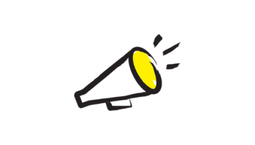 An illustration of a megaphone outlined in a black paintbrush style design with yellow accents.